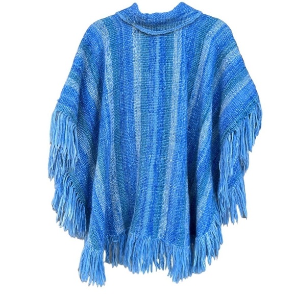 Handmade 100% Wool Fringe Poncho Artesania King Uruguay Blue Stripe Woven Medium - Picture 3 of 13